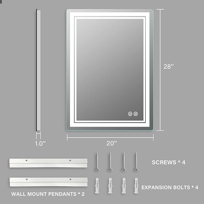 28x20 inch LED Lighted Bathroom Mirror with Anti-Fog, Fashion Bathroom Decor Vanity Mirror with Dimmable, Smart Control, Memory, Adjustable Warm White/Natural/Daylight, Birthday Wedding Gift