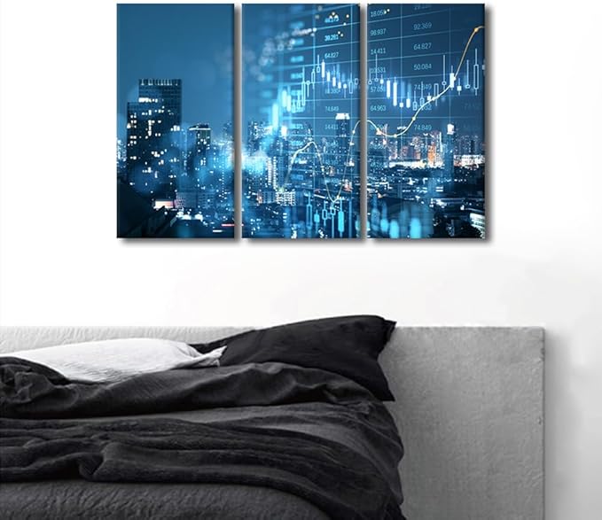 Rebotipy Smart City 3 Panels Wall Art Modern Abstract Poster Decor Big Data Forex Candlestick Chart Picture Printing for City Backdrop Living Room Decor Stretched and Framed Ready to Hang 24" Wx36 H