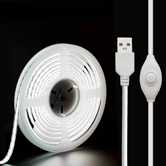 5V USB LED Strip Lights, 6.56FT COB Light Strip White, Short LED Strip Light, Flexible Bright 5V Led Strip for Under Cabinet, Kitchen, TV Backlight, Shelves, Displays and TV Lights