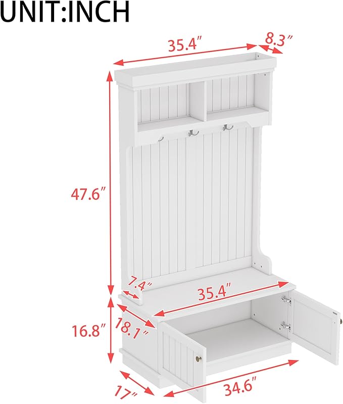 4-in-1 Hall Tree with Storage Bench & Coat Rack - Entryway Organizer with Hooks, Shoe Storage, and Display Shelves for Modern Homes (White)
