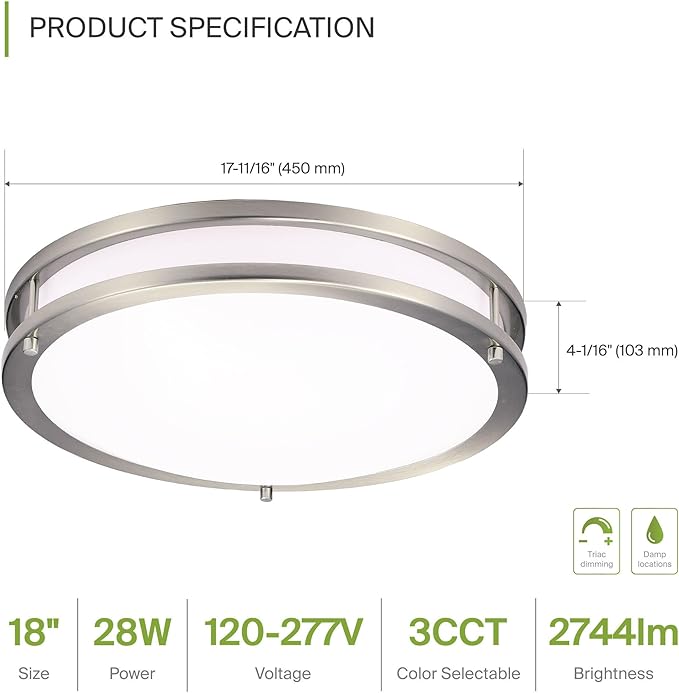 ASD LED 18" Round Flush Mount Lighting, Close to Ceiling Light Fixture | 3CCT, Dimmable, Energy Star, ETL Listed | 28W 2744LM 3000-5000K 100-277V | Low Profile Double Ring Lamp | Nickel, 4 Pack