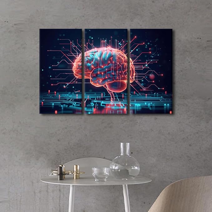 Framed Wall Art 3 Panel GPU, Crypto, AI, Firewall Network Security Pictures Print on Canvas for Bedroom Living Room Decorations, Artificial Intelligence Posters and Prints, 42" Wx28 H