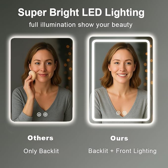 LED Bathroom Mirror, 20x28 in Vanity Mirrors with Backlit Lights for Shaving, Fogless Makeup Mirror Wall Mounted with Demister, Dimmable 3 Color Lighting, IP54, Vertically Only
