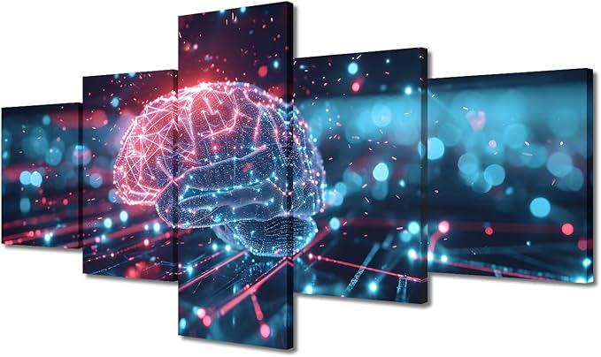 5 Panel Artificial Intelligence Concept with Human Brain Canvas Wall Art for Living Room Digital Brain Wall Decor Hanging AI Picture for Decoration Wall Modern Art Poster and Prints Wall Art 50"Wx24"H