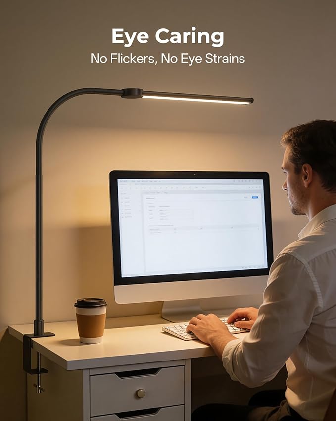 Desk Lamp with Clamp, Eye Caring LED Desk Lamp for Home Office with Gooseneck, Clip on Light with 3 Color Modes for Working, Reading, Drawing