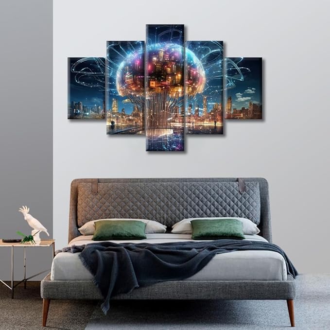 5 Piece City Smart Brain Wall Pictures for Living Room Human Brain Energy Painting Wall Decor Art Artificial Intelligence Concept Bedroom Wall Art Framed Ready to Hang, (60"Wx40"H)