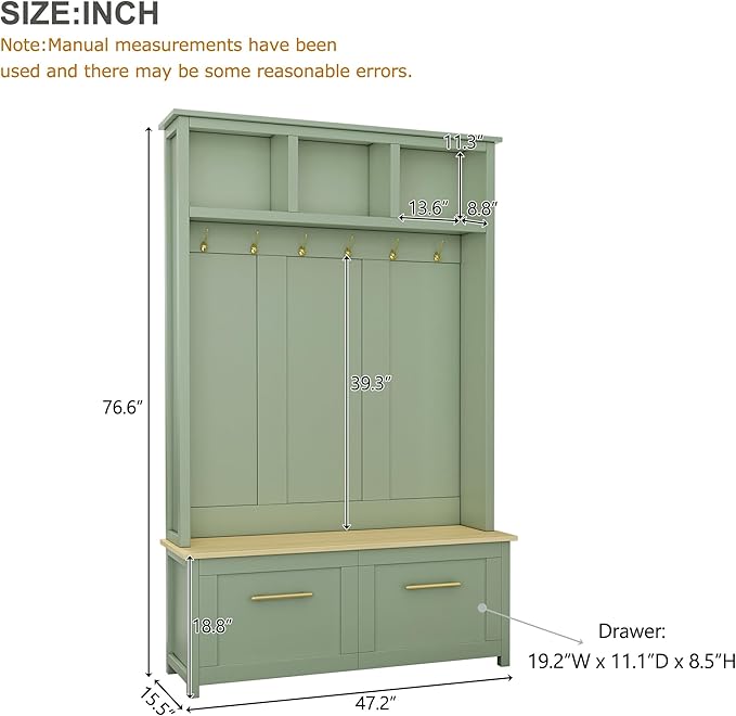 Merax Versatile 4-in-1 Hall Tree with 6 Golden Hooks, Wood Grain Bench with Multiple Storage Space, Entryway Coat Rack with 2 Drawers for Living Room, Hallway, Mint Green