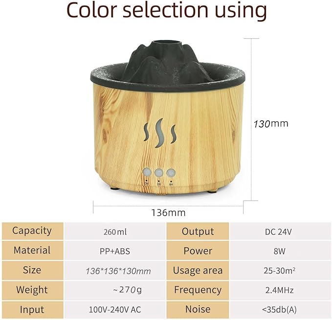 Volcano Essential Oil Diffuser with Jellyfish Mist - 260ml Ultrasonic Aromatherapy Diffuser, Color-Changing LED, Quiet Operation, Auto Shut-Off - Wood Grain Humidifier & Night Light