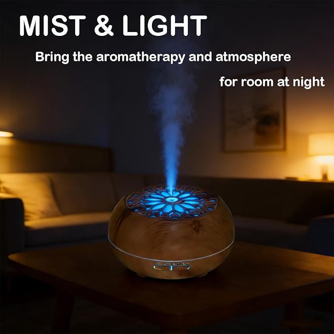 Diffuser with 6 Essential Oils for Large Room,550ml Aroma Diffusers with Remote Control for Home,Mini Humidifier with LED Night Lights for Office Yoga Room Decor Gift for Women Men(Light Wood Grain)