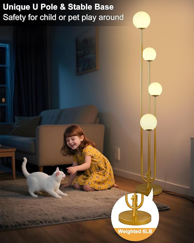 Lightdot Gold Globe Floor Lamp 4-Lights Dimmable Floor Lamps 3000K Bulbs Included Unique Modern Standing Tall Lamp for Living Room/Bedroom/Sofa Beside/Corner Decor