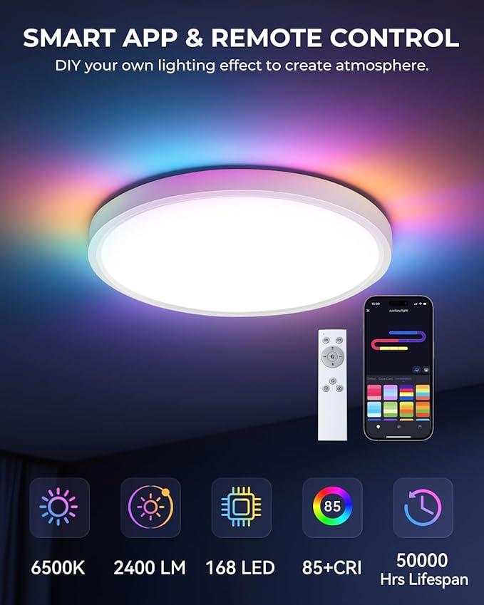 12 Inch Flush Mount Ceiling Light, Smart RGB+IC LED 2400LM Dimmable Ceiling Lamp with APP & Remote Control, 2700K-6500K Color Changeable Light for Bedroom Living Room, Works with Alexa & Google Home