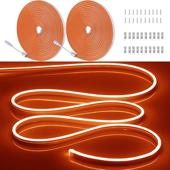 32.8FT/10M/2PCS Orange LED Neon Light Strip with Installation Accessories - Flexible Waterproof 12V DC Rope Lights for Eye-Catching Indoor & Outdoor Decoration [Adapter Not Included]