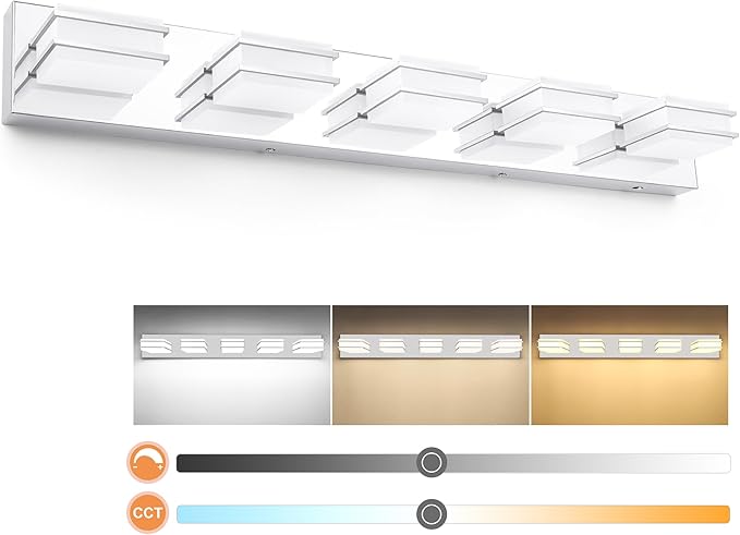 3 Color Temperature Dimmable Vanity Lighting Fixtures, LED Chrome 5 Light Bathroom Vanity Light, Acrylic Stainless Steel Square Shade Vanity Lights for Bathroom, ETL Certificated