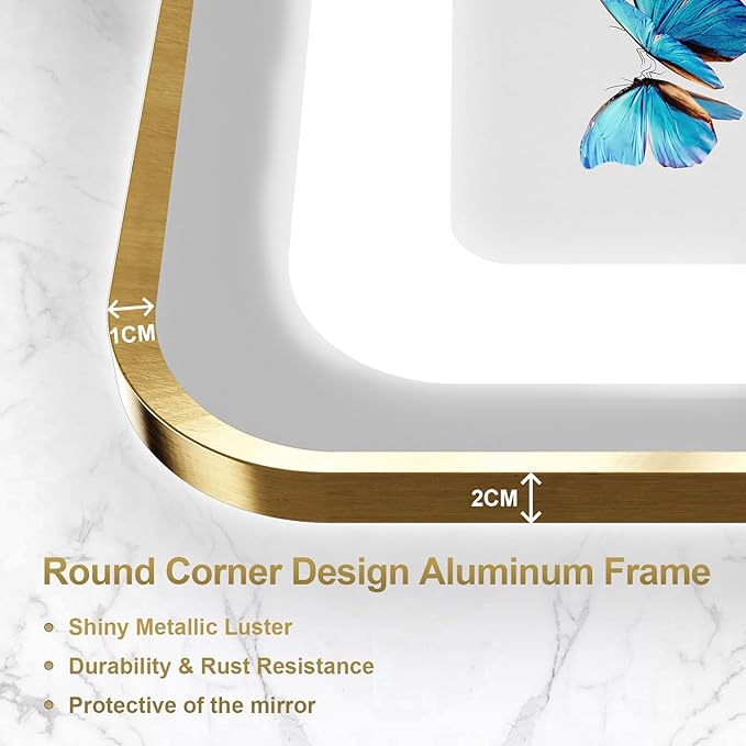 24x36 Inch LED Bathroom Mirror with Gold Metal Frame, Front and Backlit Vanity Mirror, Stepless Dimmable Wall Mirrors with Anti-Fog, 3 Colors, Memory Function, Waterproof, LED Smart Bathroom Mirror