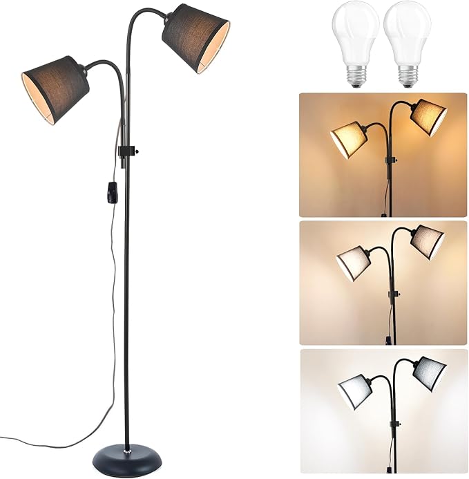 AoMck Floor Lamp, Industrial Metal Floor Lamps for Living Room with Adjustable Bendable 2 in 1 Reading Table Lamps for Living Room Bedroom Office (B2+Black)