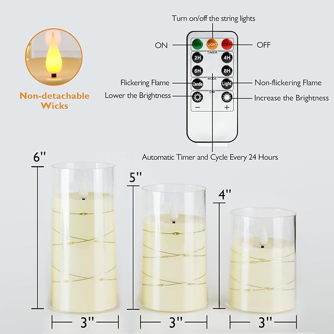 Amagic LED Flameless Candles, Battery Operated Candles with Embedded Fairy Lights, Acrylic Fake Candles with Remote and Timer for Wedding Home Decor, Ivory White, Set of 3, D3 x H4 5" 6"