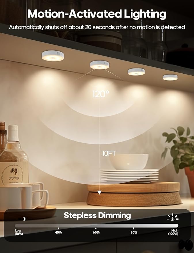 Led Under Cabinet Lights, Motion Sensor Rechargeable Light, 1000mAh Puck Lights with IR Remote, Under Counter Lights for Kitchen,cabinets,Closet,Stairs Indoor
