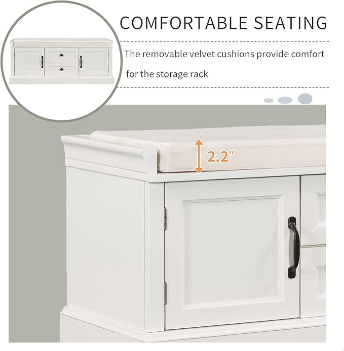 GDFStudio Rustic Storage Bench with 4 Doors 2 Draws Adjustable Shelves Removable Cushion Rectangular Cabinet Foot Rest Stool Solid Wood Shoe Bench Seating for Entryway Living Room, White