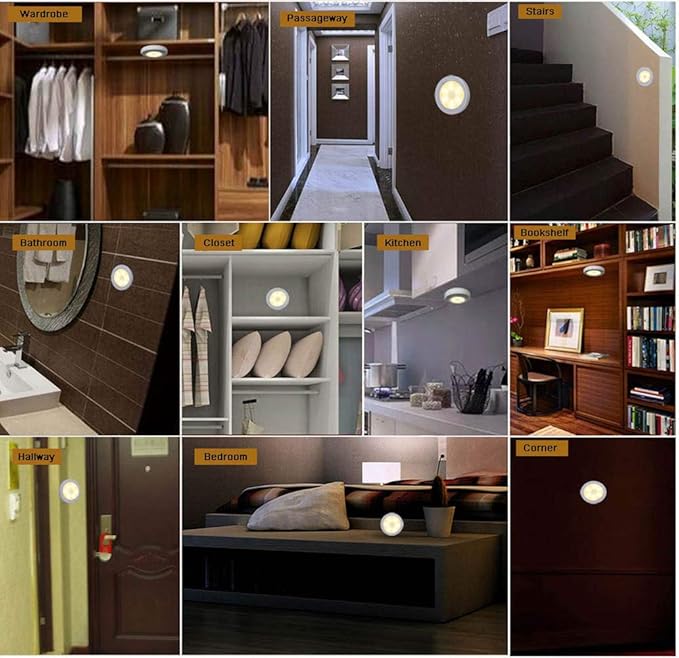 6 Pcs Motion Sensor Night Light Indoor, Cordless Battery Operated LED Night Light Step Lights Wireless Under Cabinet Lighting Safety Lamp for Bedroom Kitchen Stair Bathroom Closet Hallway Path