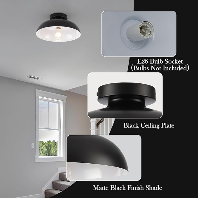 2 Pack Industrial Ceiling Light, Black Flush Mount Ceiling Light 12 Inch Kitchen Light Fixtures for Hallway Bedroom Entryway Porch Foyer Bathroom Laundry Room