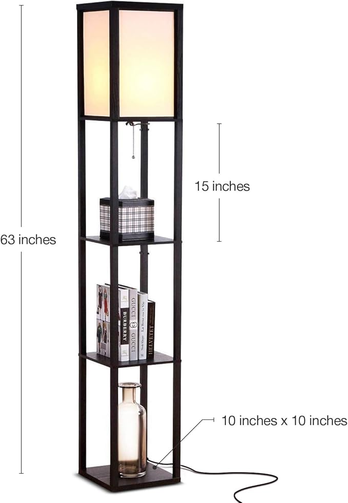 Brightech Maxwell - Modern Shelf Floor Lamp with Lamp Shade & Warm White LED Bulb, Corner Display Floor Lamp with Shelves for Living Room, Bedroom, Nightstand Office, Home Decor Storage - Black