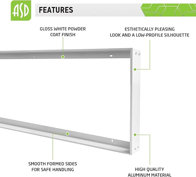 ASD 1x4 Surface Mount Frame for LED Flat Panel Light - Aluminum Surface Mounting Bracket Kit for Drop Ceiling - Low Profile Back-Lit Panels Mount Kit, White