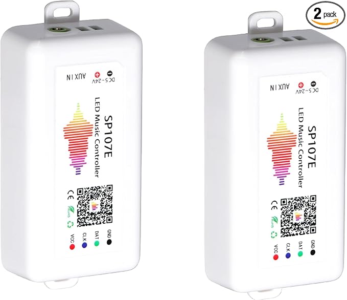 2 Pack SP107E LED Controller –Music Sync for WS2812B/Ws2811/SK6812 IC Strips & LED Pixel Matrix Panel, Smart App Control, 16 Million Colors, Commercial/Home Lighting