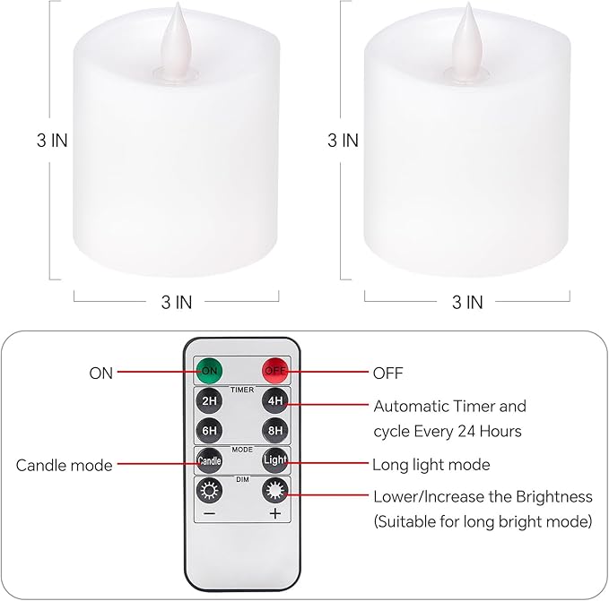 3x3 Flameless Candles Battery Operated with Remote Timer, Last 600 Hours Battery Candles Flickering, White Real Wax Electric LED Candle for Wedding Party, Set of 2