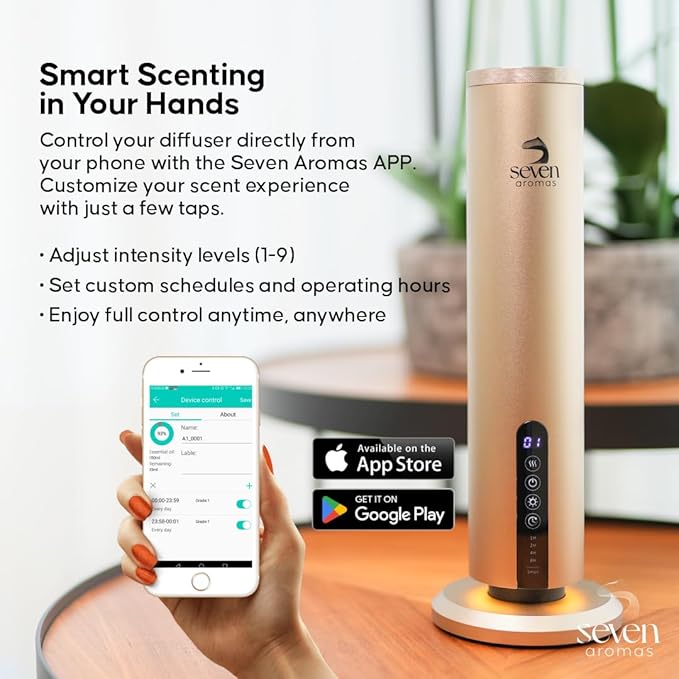 Waterless Essential Oil Scent Machine for Home & Large Rooms - Hotel Collection Aroma Diffuser with Cold Air Technology, Smart Bluetooth Control, 1200 Sq Ft Coverage for Home, Office & Spa - Gold