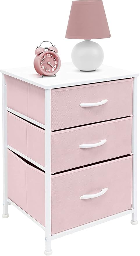 Sorbus Nightstand with 3 Drawers - Furniture Storage Chest Tower Unit for Bedroom, Hallway, Closet, Office Organization - Steel Frame, Wood Top, Pastel Fabric Bin (Pink)