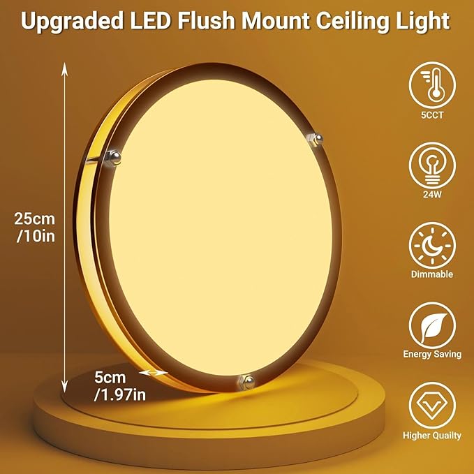libtit 10Inch Flush Mount Ceiling Lights, 18W Dimmable LED Ceiling Light 3000K-6500K Adjustable, Round Slim Gold Light Fixture for Closet Pantry Hallway Kitchen Bathroom-1 Pack