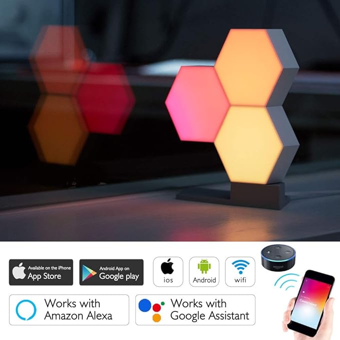 Yescom APP Control Hexagon Lights 3 Pack Smart LED Panel Smarter Kit Music Sync 16 Million Colors Change Compatible with Alexa & Google for Gifts Gaming Room