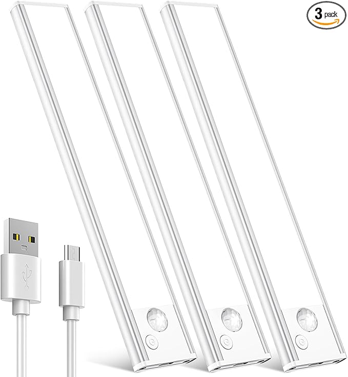 Under Cabinet Motion Sensor Lighting: 14 Inch Dimmable Rechargeable Lights Indoor - Battery Operated Lights - Undercabinet Closet Light Magnetic Led Light for Kitchen Home Bathroom Counter 3 Pack