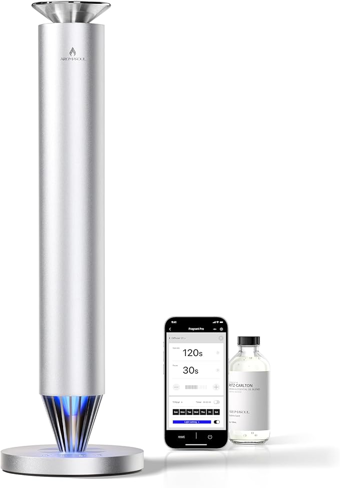 Wireless Rechargeable Hotel Scent Diffuser Starter Kit - 1500 Sq Ft Coverage, Alloy Atomization System,Mood Light,Waterless Oil Diffuser, Including 120ml Essential Oil, for Home,Large Room,Spa,Silver