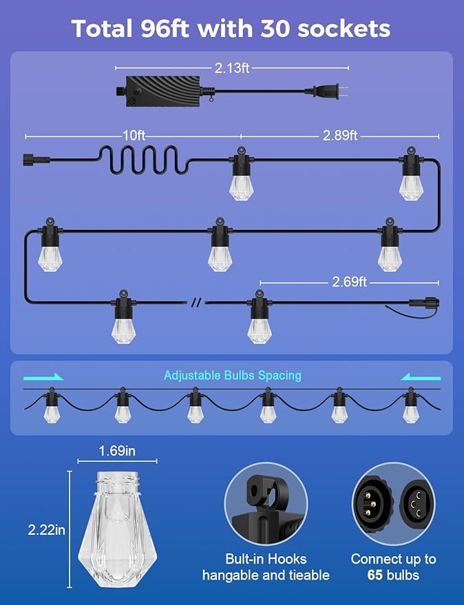 XMCOSY+ 96FT Smart Outdoor String Lights - RGBCWIC Dimmable Acrylic Bulbs, Color Changing LED Patio Lights APP WiFi Control, Compatible with Alexa, IP65 Waterproof Outdoor Lights for Backyard Porch
