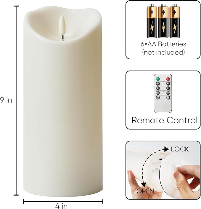 Homemory 4"x9" Outdoor Waterproof Flameless Candles with Timers and Remote Control, Battery Operated Candles, LED Plastic Candles, Ivory White, Set of 4