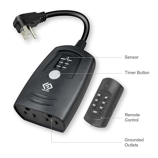 Outdoor Remote Control Photocell Timer, 2/4/6/8 Hour Countdown, Dusk to Dawn, 2 Grounded Outlets 0.5FT Cord, Black.