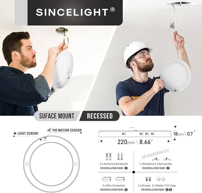 SINCELIGHT Ultimate LED Motion Sensor Ceiling Light (All in ONE), 3000K/4000K/6000K Warm to Cool Turnable, Multi-Mode, Dusk to Dawn & Movement Activated for Hallway/Porch/Closet, Pack of 1
