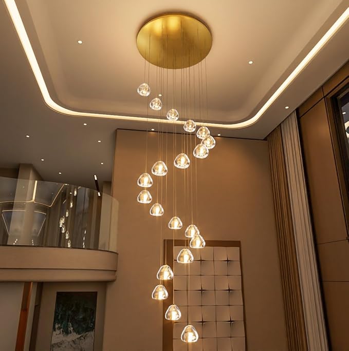 LED Glam Chandelier 138 inches Long Light Luxury Crystal Ceiling Chandeliers Remote Dimmable High Ceiling Pendants Lighting Fixtures Gold 20 Lights