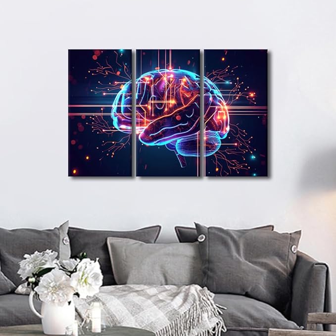 TUMOVO Artificial Intelligence, Cyber Security, Cloud Managed, Circuit Board Pictures Print on Canvas 3 Panel Canvas Wall Art AI Brain Cloud Networking Artwork Ready to Hang, 36" Wx24 H