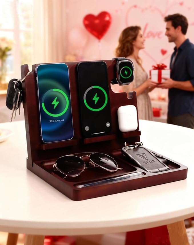 Nightstand Organizer with Dual Phone Wireless Charging Station for 2 iPhone,Apple Watch and Airpods,Bamboo Phone Docking Station,Gifts for Men Dad Husband