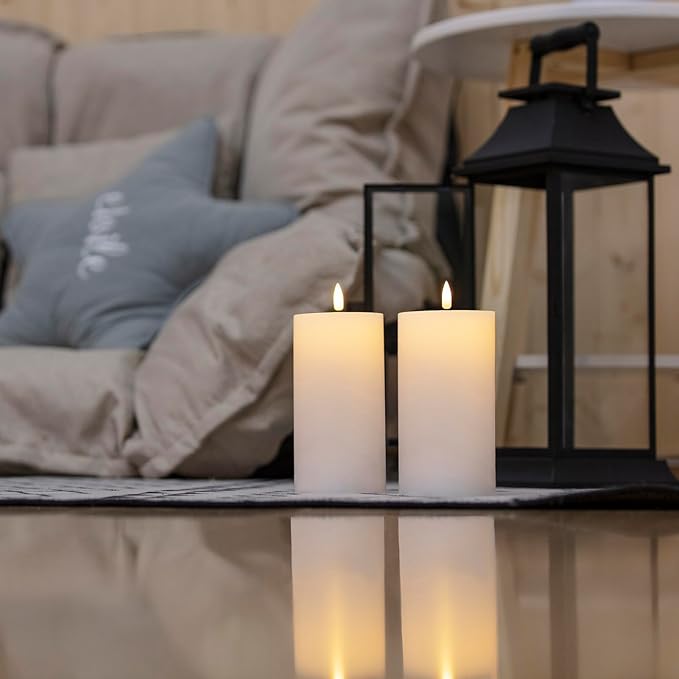White Flameless Candles Set of 2 (3x6 inch) Flickering LED Wax Candles Battery Operated with Remote Control Timers for Night Light/Fireplace/Party Dimmable Pillar Candles Flat top
