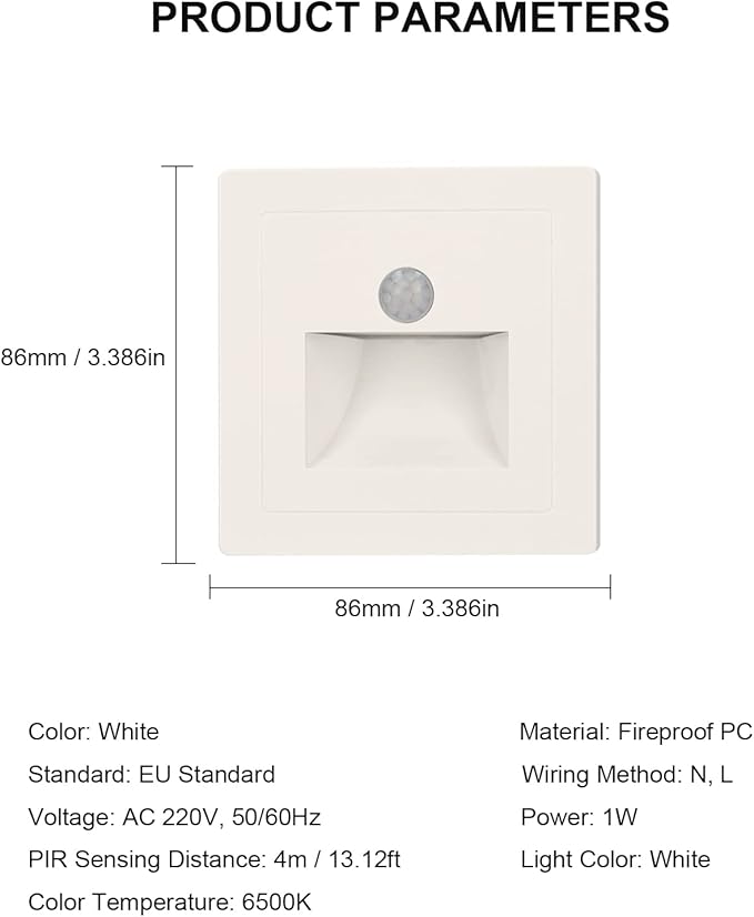Motion Sensor Step Wired Indoor Motion Activated Foot LED Stair Auto Control Lamp Deck LED Wall s for Stairway Porch Corridor Corner (AC 220V, White)