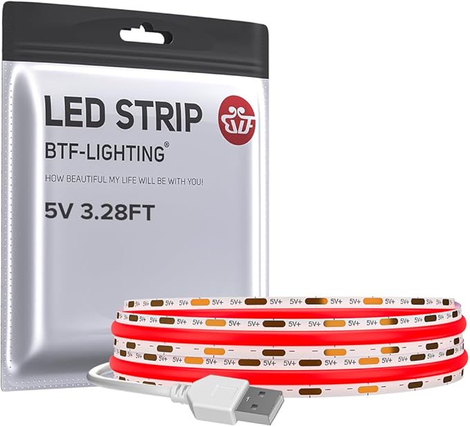 BTF-LIGHTING FCOB USB Powered Red Color COB LED Strip Lights 3.28FT 320LEDs 5V 8mm Width 90+ High CRI Ultra Bright Flexible Light for 3D Printer TV Backlight Display Cabinet PC DIY Decor