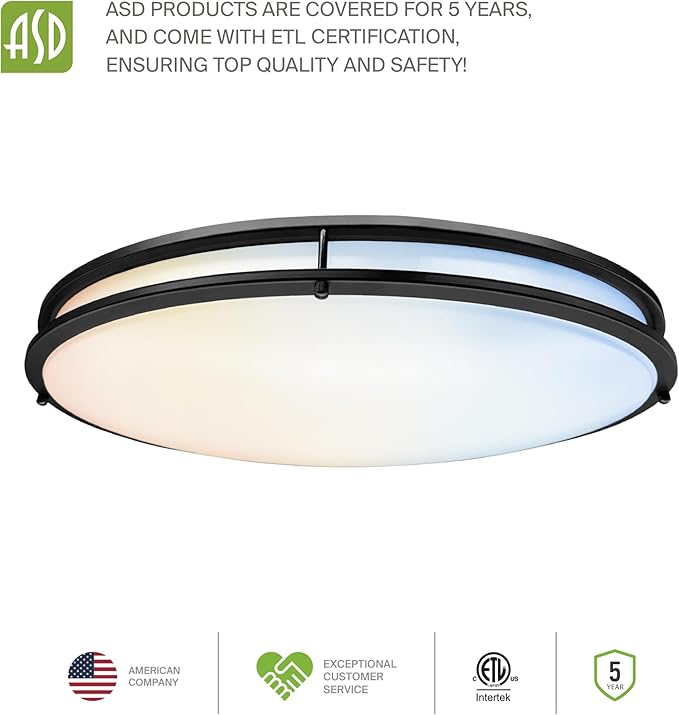 ASD LED 24" Oval Flush Mount Lighting, Close to Ceiling Light Fixture | 5CCT, Dimmable, ETL Listed | 38W 3289LM 2700-5000K 120V | Low Profile Double Ring Lamp | Black, 2 Pack