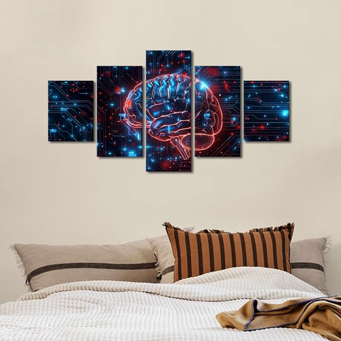 TUMOVO 5 Panel Digital Human Brain Decor for Bedroom Artificial Intelligence Technology Canvas Wall Art for Living Room Posters for Bedroom Futuristic Technology Paintings Artwork 60" Wx32 H