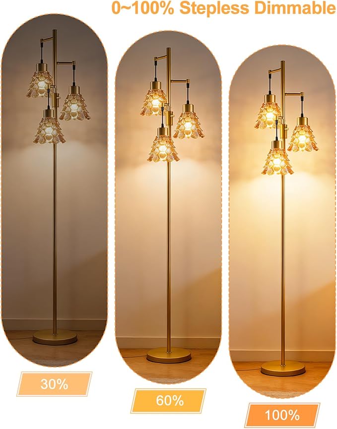 Glass Floor Lamps for Living Room, 67'' 3-Light Dimmable Floor Lamp with Brown Glass Shade& E12 Bulbs Included, Mid Century Standing Tall Lamp for Bedroom/Sofa Beside/Corner Decor-Gold