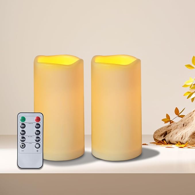 Flickering Flameless Candles Outdoor Indoor Large (D 3" x H 6") LED Candles, 2Pcs Pillar Outdoor Indoor Battery Operated Candles with Remote for Home Wedding/Christmas/Holiday Décor