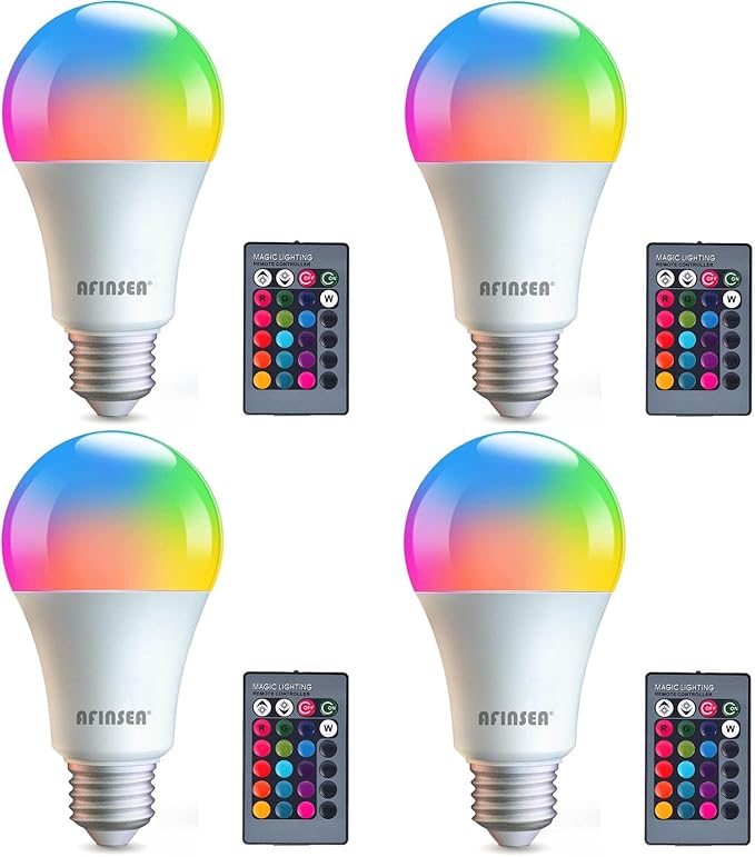 4 Pack RGB Color Changing Light Bulbs with Remote,RGBW LED Light Bulbs,9W Warm White 6500K,16 Color Multicolor A19 E27 Dimmable Memory Function,for Home Decoration,Stage,Bar,Party