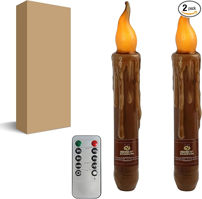Brown Flameless Short Taper Candles, Real Wax Hand Dipped LED Battery Operated with Remote, Flickering Flame Lights for Festival Party Home Décor, 6.7 Inch Primitive Flameless Candles, 2PCS